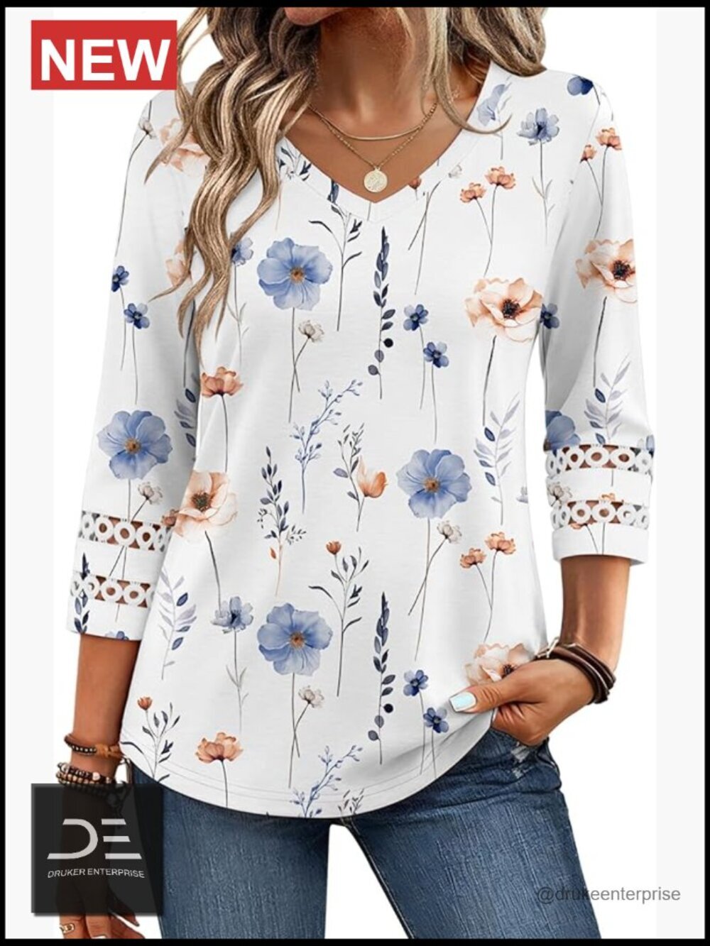 V-Neck 3/4 Sleeve Blouse with Lace Trim - Dressy Casual Top